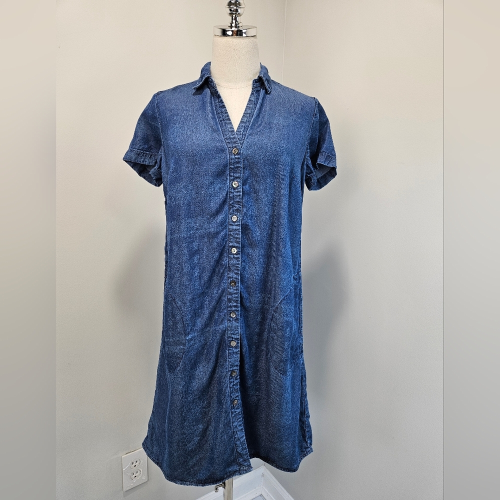 J. Jill‎ Denim Tencel Paisley Button Front Shirt Dress Blue XS Short Sleeve